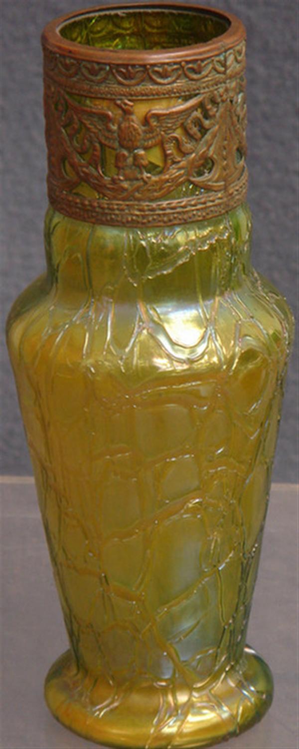 Appraisal: Loetz type art glass vase top mounted with pierced embossed