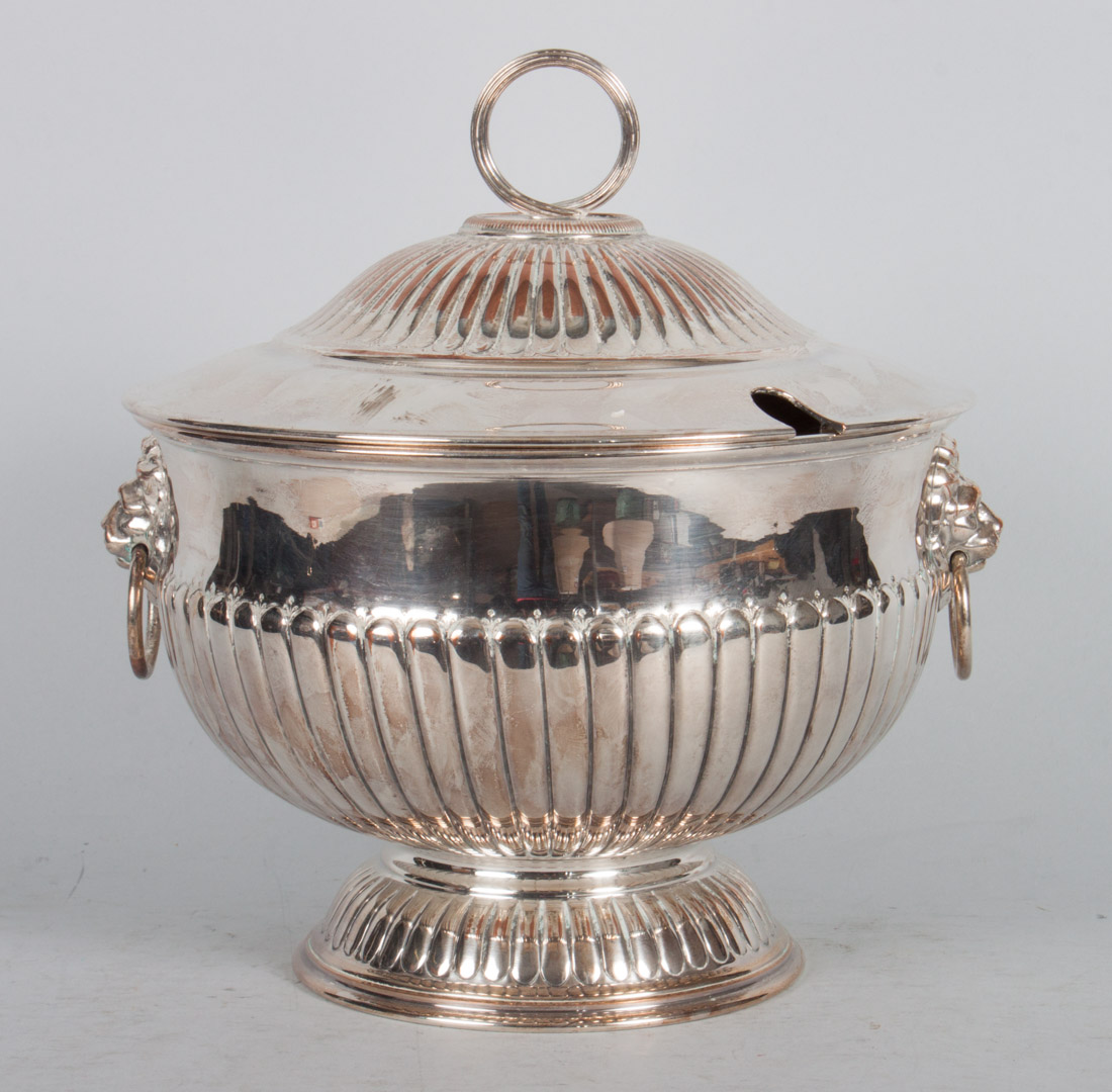 Appraisal: Sheffield silver-plated covered tureen lion's mask handles in H