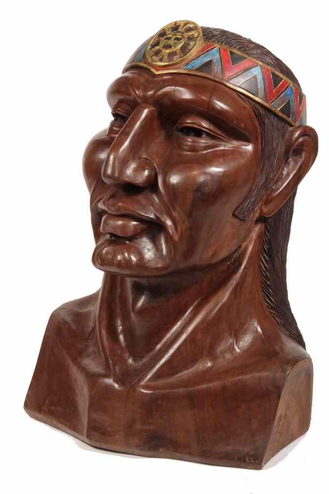 Appraisal: CARVED INDIAN HEAD - Monumental Black Walnut Carving of a