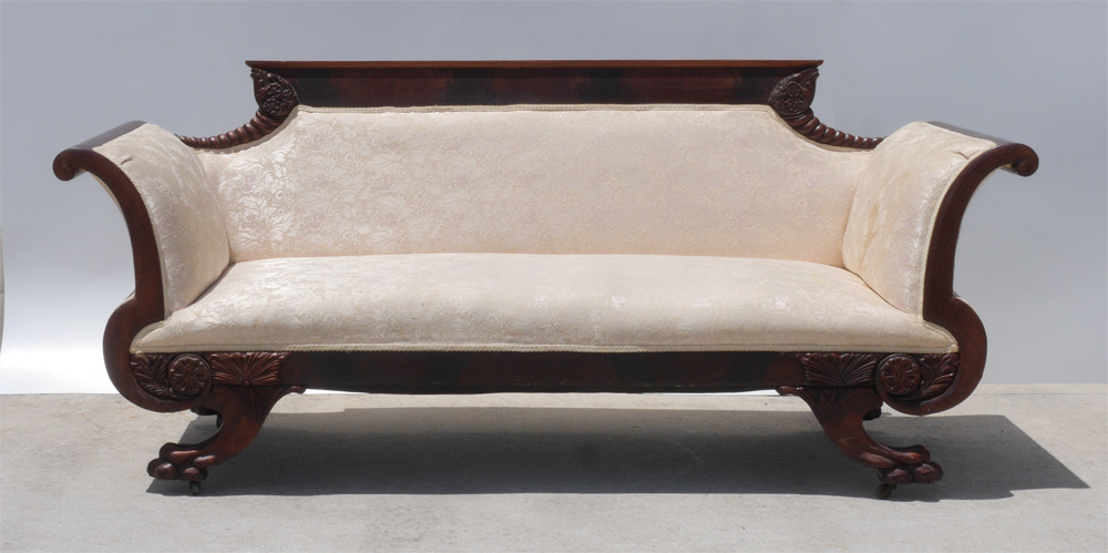 Appraisal: FEDERAL STYLE MAHOGANY SOFA Back rail with carved cornucopia decoration