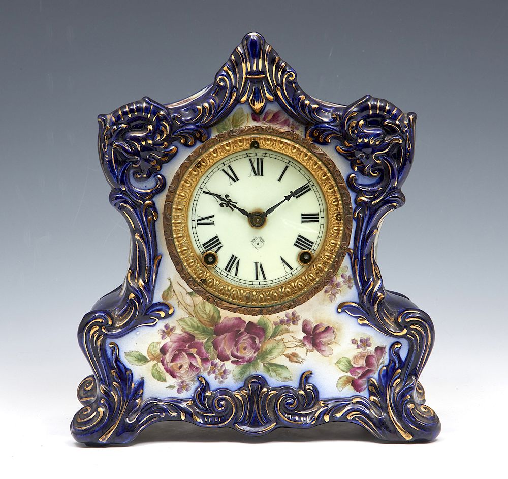 Appraisal: Ansonia porcelain case mantle clock Wampum Ansonia porcelain case mantle