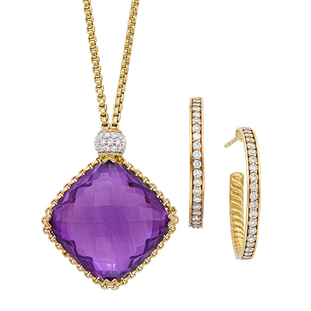 Appraisal: Gold Amethyst and Diamond Pendant-Necklace and Pair of Gold and