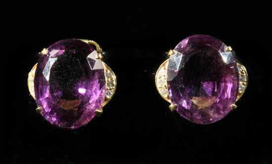 Appraisal: PAIR YELLOW GOLD AMETHYST AND DIAMOND EARRINGS Each has oval