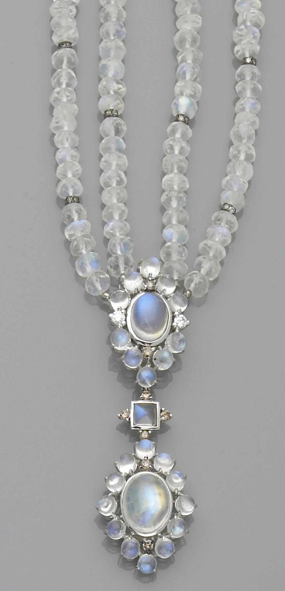 Appraisal: Rainbow Moonstone and Diamond Sautoir Necklace Centering on a pendant