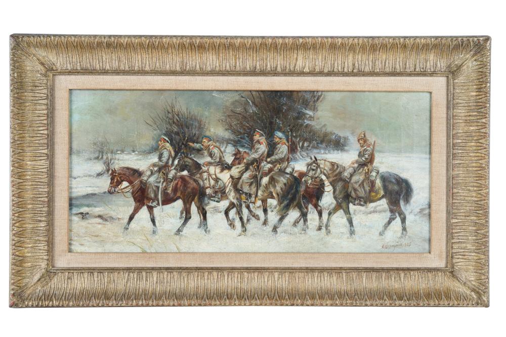 Appraisal: TH CENTURY EUROPEAN SCHOOL RUSSIAN WINTER EQUESTRIAN SCENE oil on