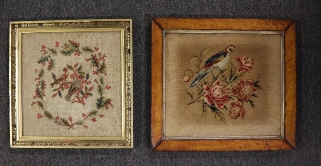 Appraisal: Two Victorian bird needleworks one in a birdseye maple frame