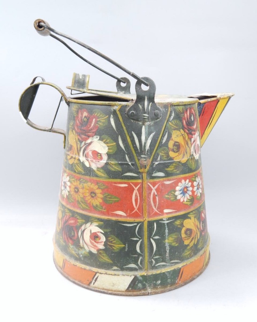 Appraisal: A large Bargeware lidded jug painted with bands of flowers