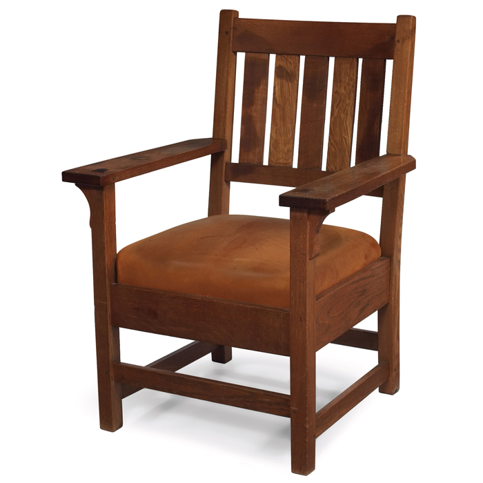 Appraisal: Gustav Stickley armchair five vertical slats at back over a