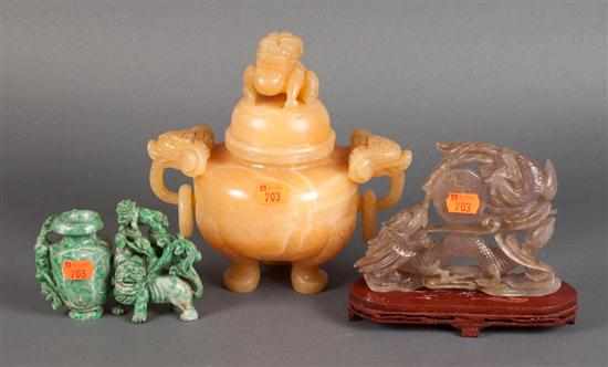 Appraisal: Chinese carved hardstone censer green marble scholar's vase and a