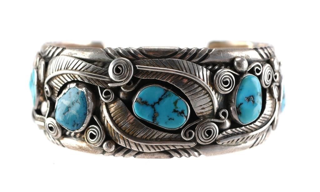 Appraisal: TOMMY MOORE NAVAJO STERLING TURQUOISE BRACELETNative American Navajo artist Tommy