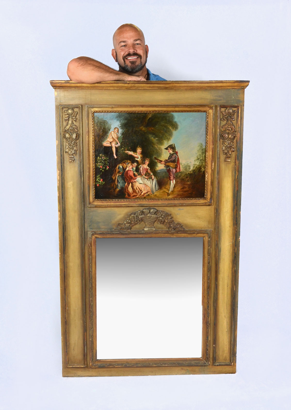 Appraisal: TRUMEAU MIRROR WITH OIL CANVAS GENRE SCENE th Century oil