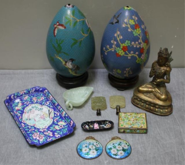 Appraisal: Asian Enamel Metal and Jade Lot Including enameled egg forms