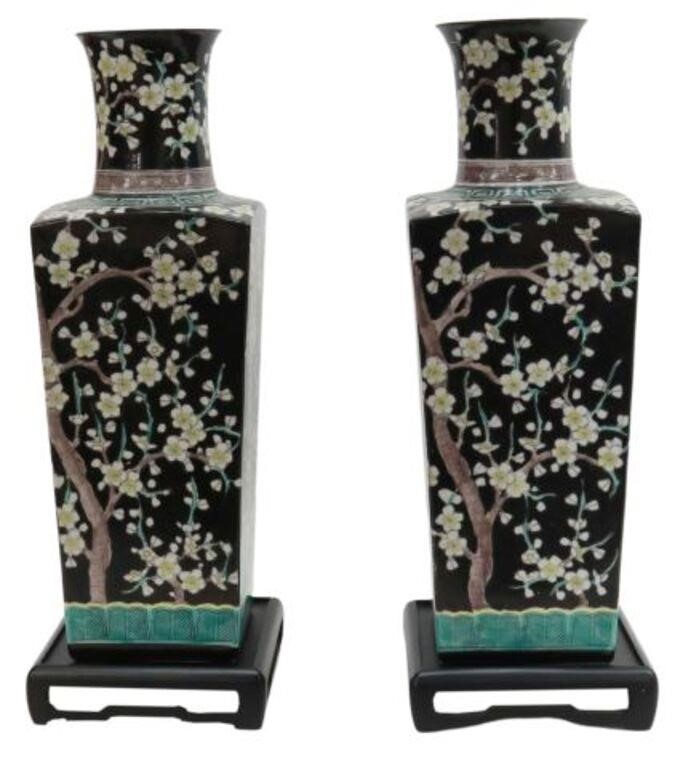 Appraisal: pair Chinese famille noire porcelain square vases decorated with prunus