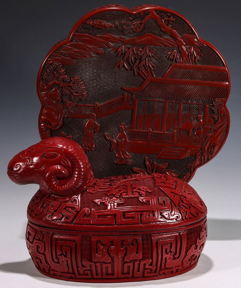 Appraisal: LARGE CINNABAR LACQUER BOXES INCLUDING FIGURAL RAM The figural ram