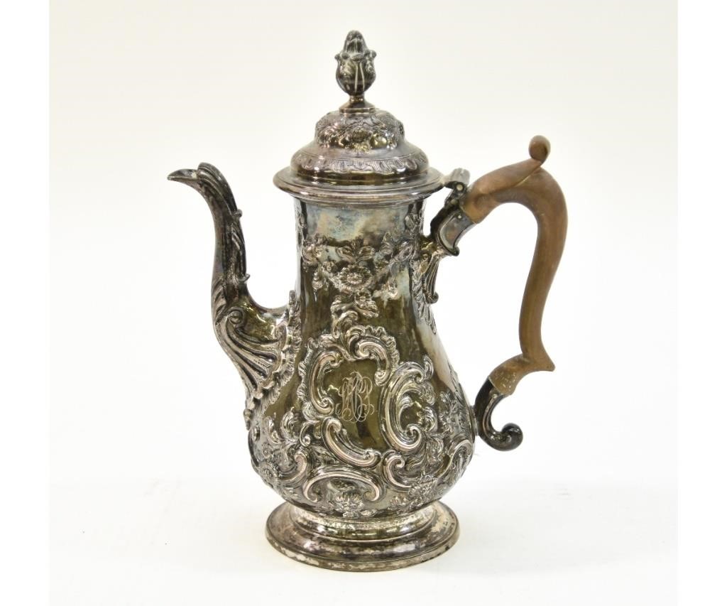 Appraisal: English silver repousse coffee pot hallmarked with wood handle monogrammed