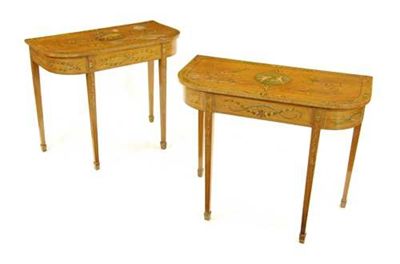 Appraisal: A pair of Sheraton revival satinwood and polychrome decorated console