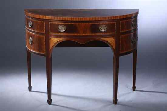 Appraisal: AMERICAN HEPPLEWHITE STYLE MAHOGANY AND SATINWOOD INLAID DEMILUNE SIDEBOARD Baker