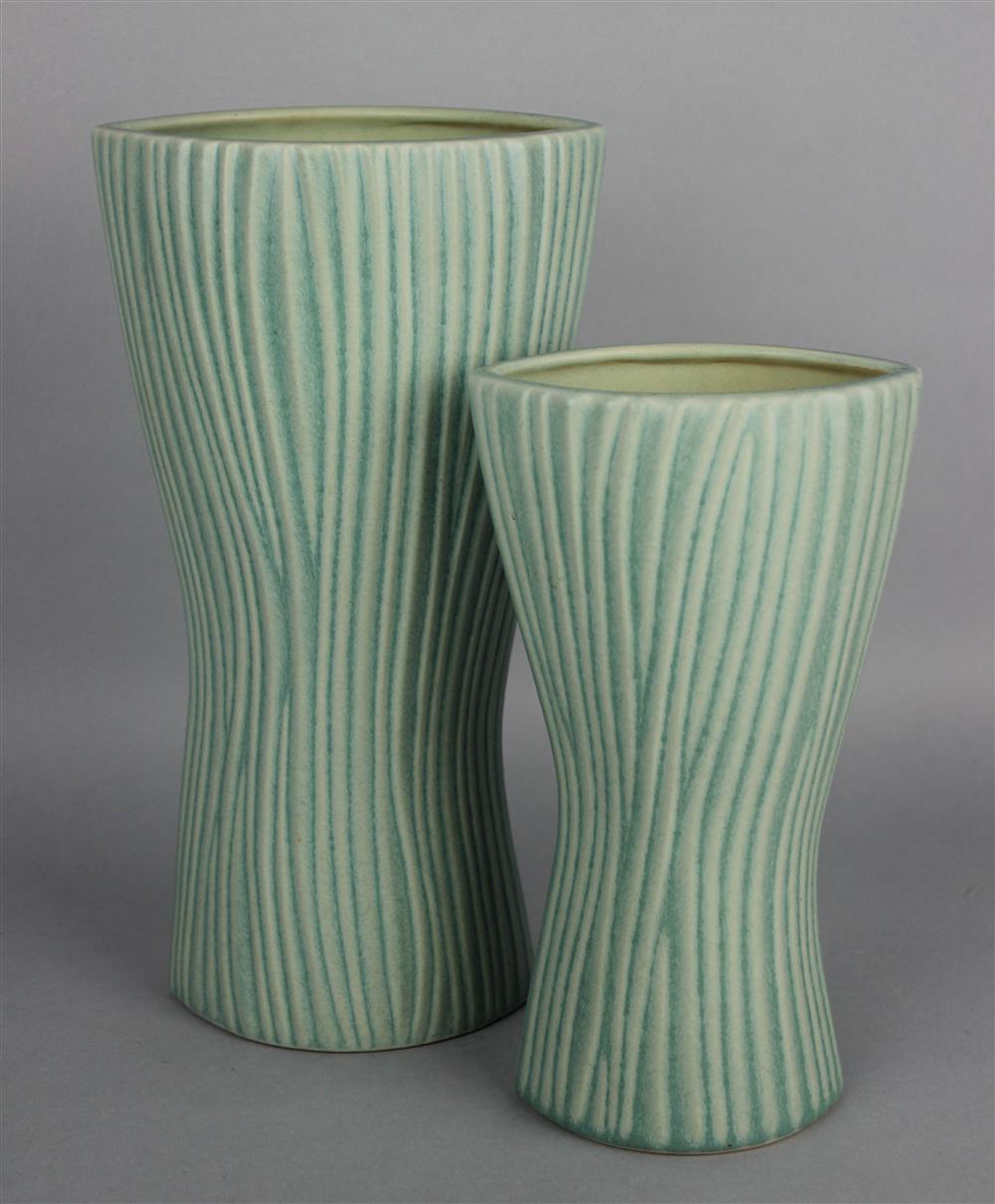 Appraisal: TWO SCHEURICH MOLDED CELADON VASES ESTATE OF TOM CLANCY stamped