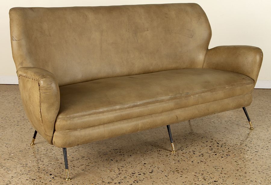 Appraisal: MID CENTURY MODERN LEATHER SOFA ON IRON LEGS A mid