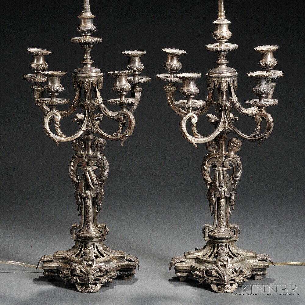 Appraisal: Pair of Louis XV-style Silvered-bronze Five-light Candelabra th century each