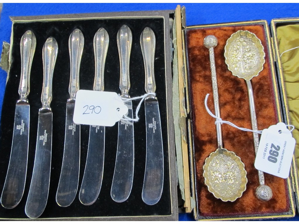 Appraisal: Lot comprising cased set of six silver handled knives and