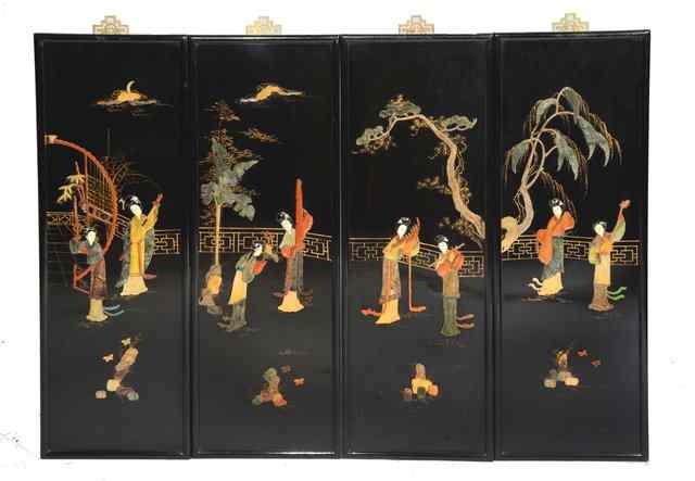 Appraisal: A SET OF FOUR CHINESE BLACK LAQUERED HARDSTONE INLAID PANELS