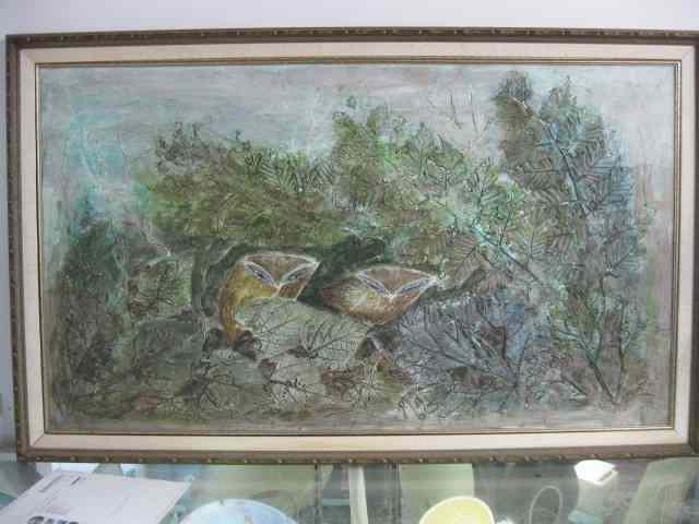 Appraisal: Marc Bellaire Oil Mixed Media Artwork owls in foliage on