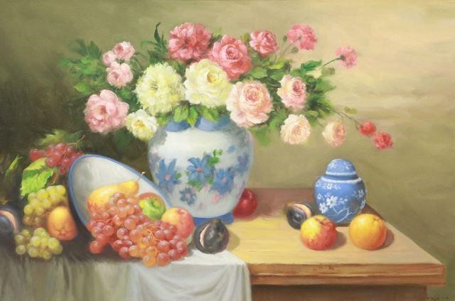 Appraisal: Framed oil on canvas painting Still Life with Flowers and