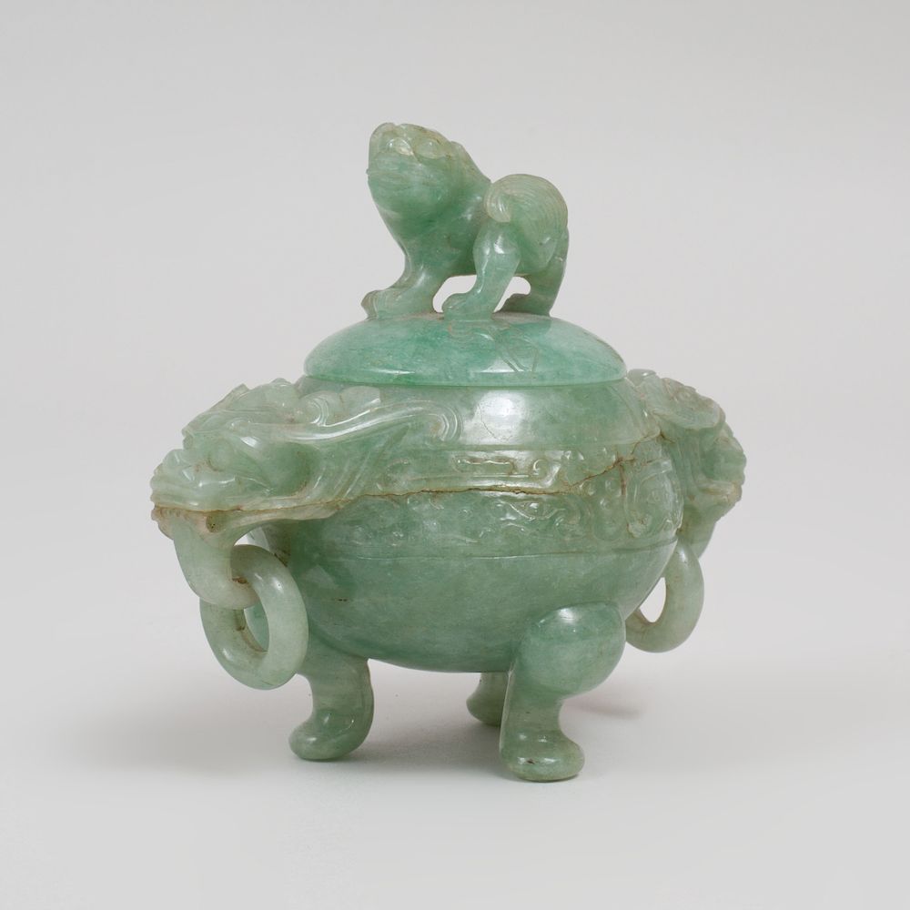 Appraisal: Chinese Carved Hardstone Tripod Censer and Cover with Ring Handles