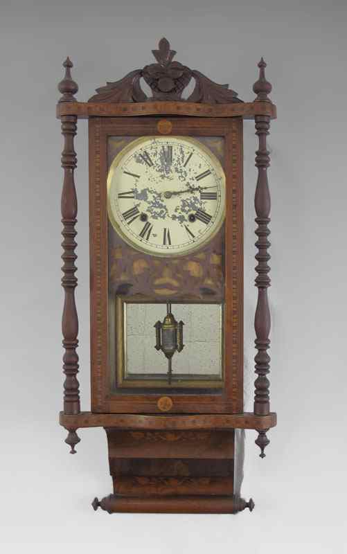 Appraisal: GERMAN INLAID WALL CLOCK Parquetry and floral marquetry inlay case