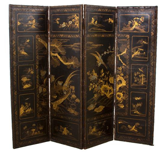 Appraisal: Sale Lot A Chinese Four-Panel Black and Gilt Decorated Leather