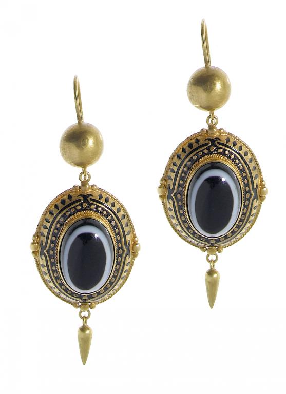 Appraisal: A PAIR OF VICTORIAN GOLD ENAMEL AND AGATE EARRINGS the