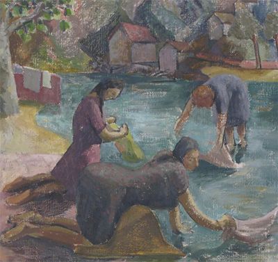 Appraisal: Priscilla Hanbury - Wash day at the river Oil on