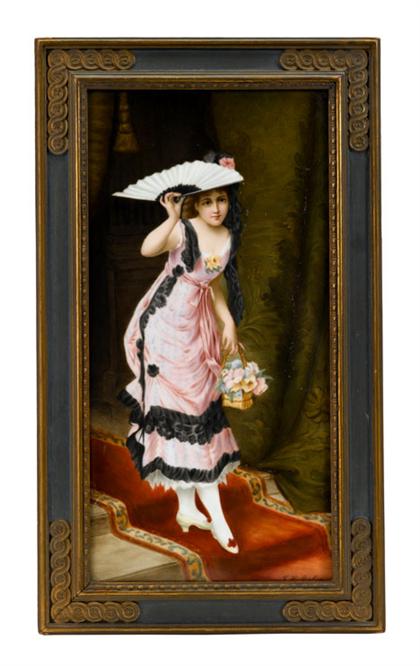 Appraisal: KPM porcelain plaque girl with a fan Depicting a young