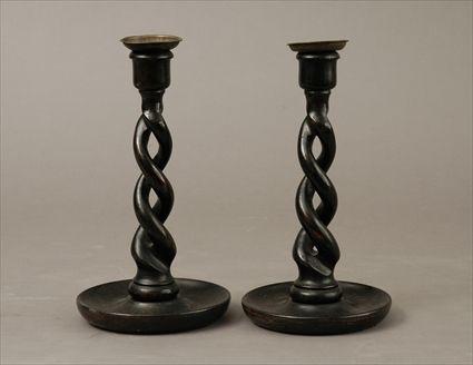 Appraisal: Pair of English Treenware Open Barley-Twist Candlesticks Each in in