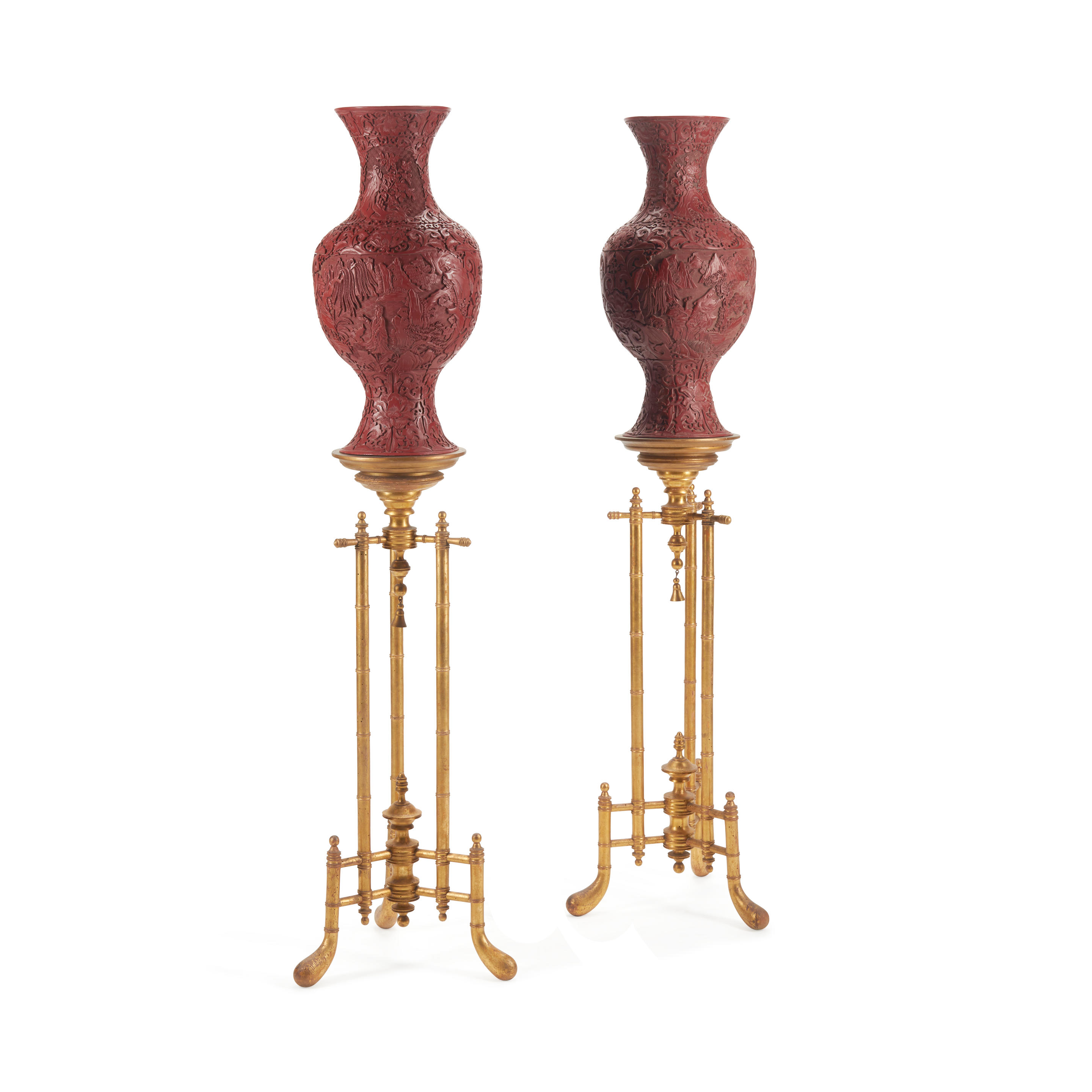 Appraisal: A PAIR OF CHINESE CINNABAR LACQUER STYLE VASES ON GILTWOOD