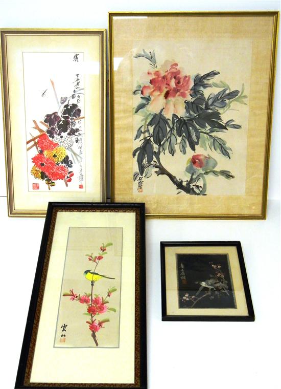 Appraisal: Four Asian artworks two polychrome floral watercolors matted and framed