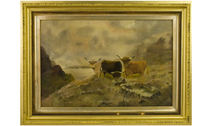 Appraisal: Large Oil on Canvas - Highland Cattle Signed to bottom