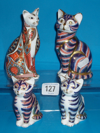 Appraisal: Crown Derby Paperweights Large Stylised Cat Seated Cat and Seated