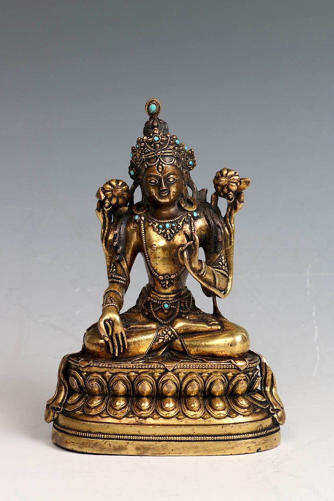 Appraisal: GILT BRONZE SEATED FIGURE OF TARA The graceful and finely