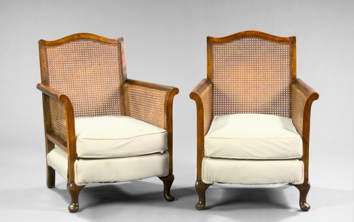 Appraisal: Pair of Queen Anne-Inspired Mahogany Caned Armchairs early th century