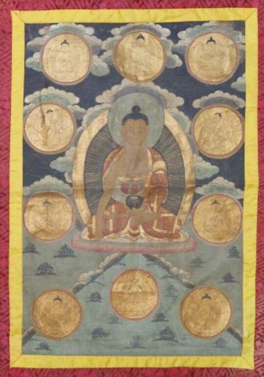 Appraisal: Tibetan hand-painted thangka wall hanging central Buddha surmounted by ten