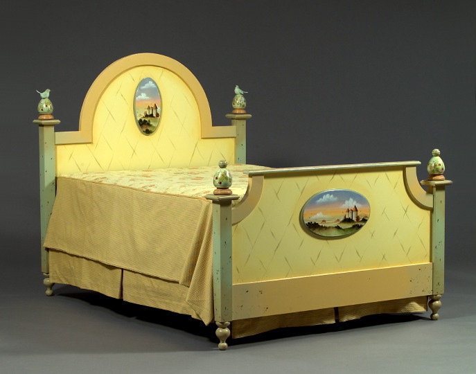 Appraisal: Pair of Polychromed Painted Bedsteads the arched and paneled backs