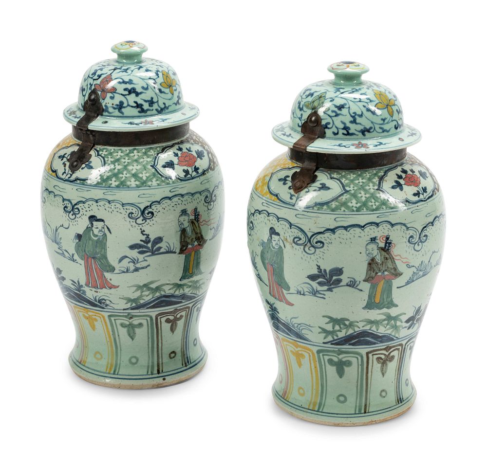 Appraisal: A Pair of Chinese Export Iron Mounted Porcelain Tea Jars