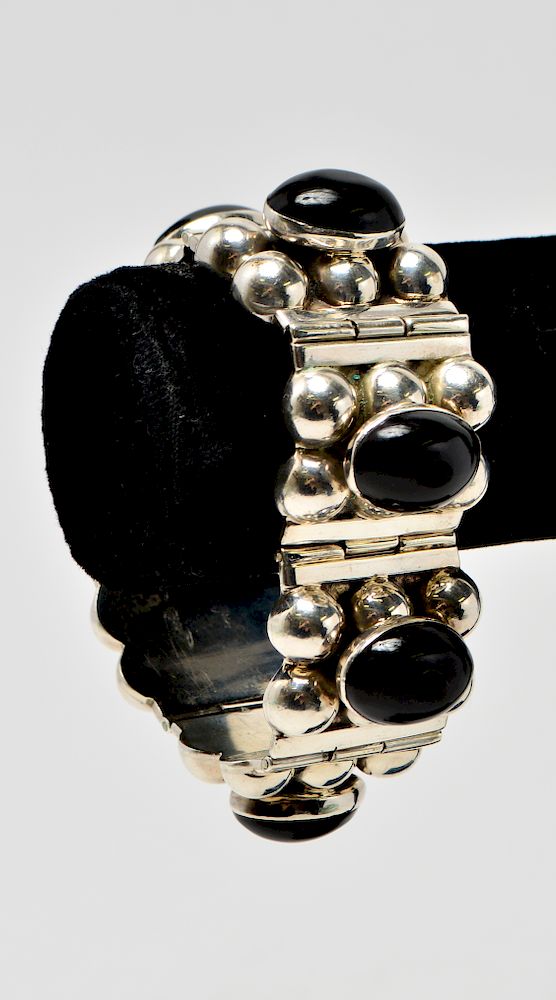 Appraisal: Taxco Sterling Silver Black Onyx Hinged Bracelet Taxco sterling silver