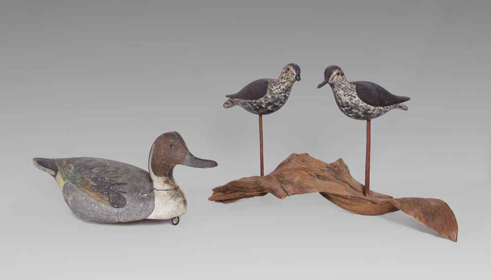 Appraisal: CARVED SHORE BIRDS ON DRIFTWOOD AND DUCK DECOY To include