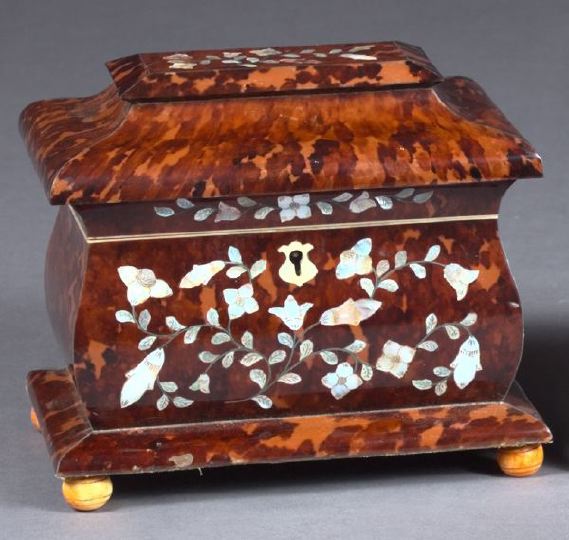 Appraisal: William IV Faux-Tortoiseshell Bombe-Form Double-Compartment Tea Box on an oblong