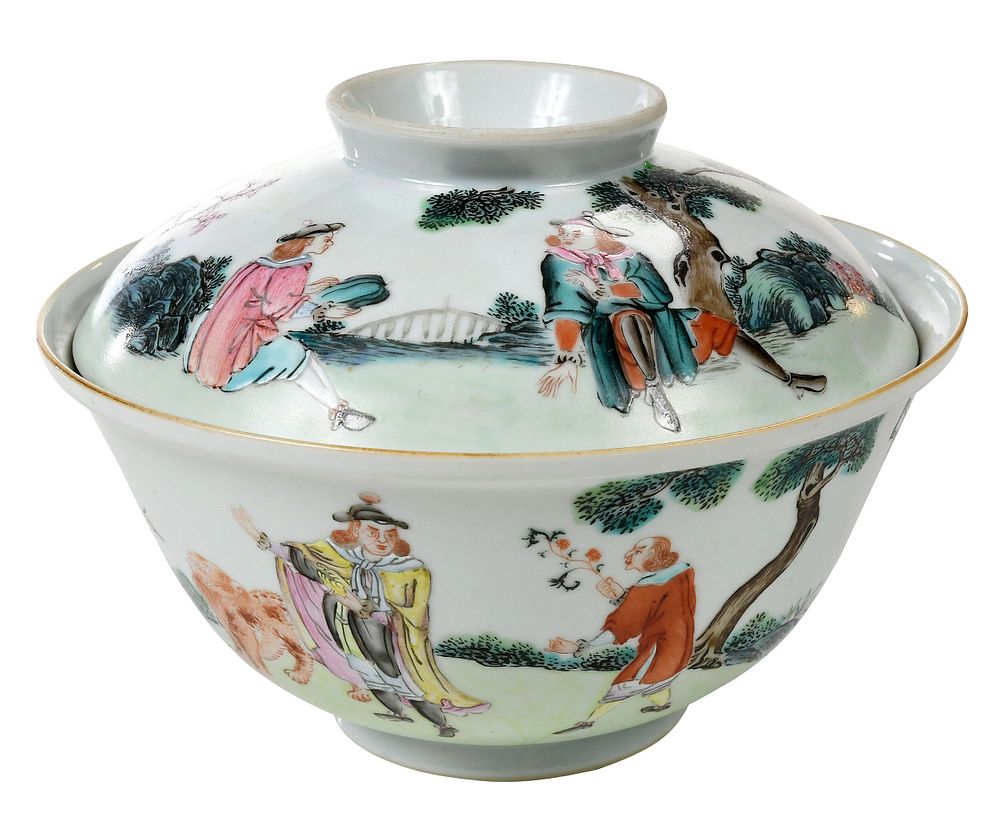 Appraisal: Chinese Lidded Porcelain Bowl European Figures underglaze blue mark of