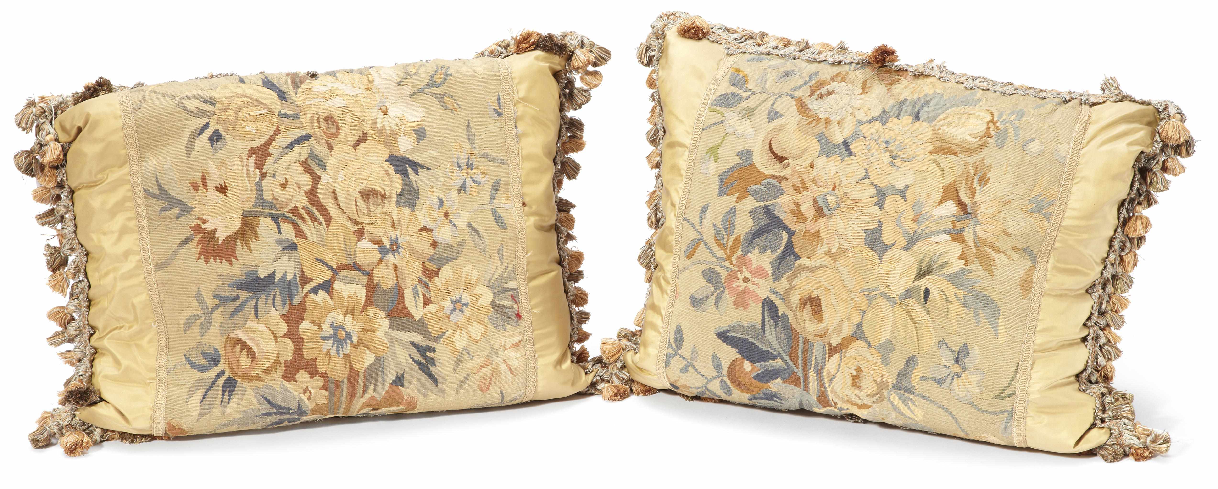 Appraisal: A pair of tapestry fragment and silk scatter cushions dimensions