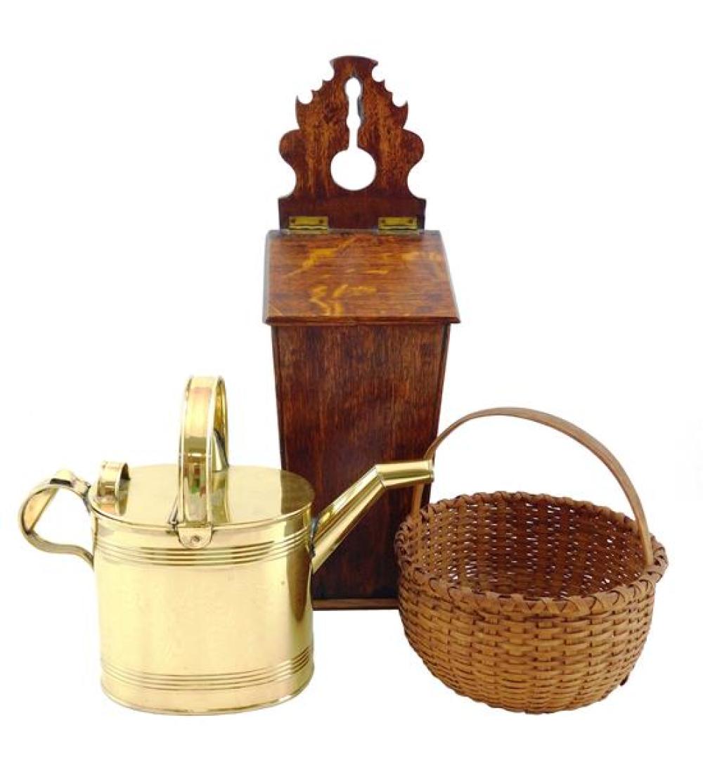 Appraisal: Splint basket brass watering can and oak wall box all